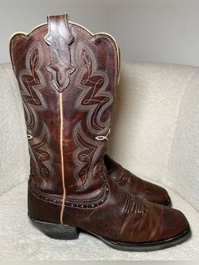 Justin Brown Leather Western Cowboy Boots Embroidered Cowgirl Bohemian Festival